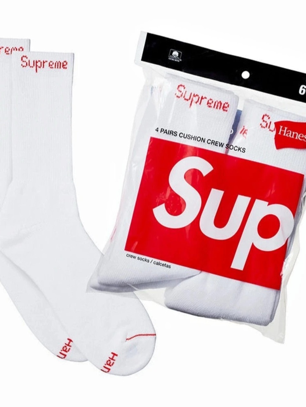 Supreme Hanes 4 Pairs Cushion Crew Socks White Boys 6-12